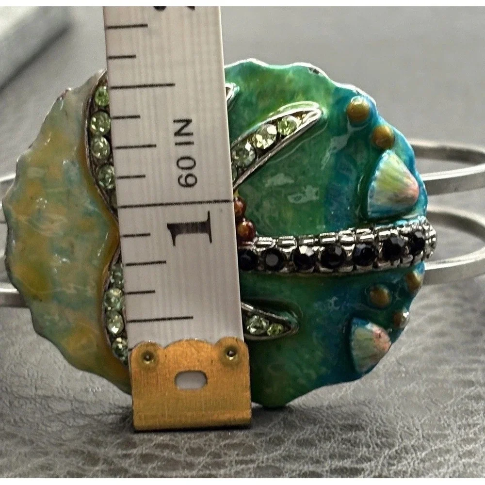 Vintage Tropical Palm Tree Clamper Bangle Enamel Rhinestone Beach Bracelet 7.5